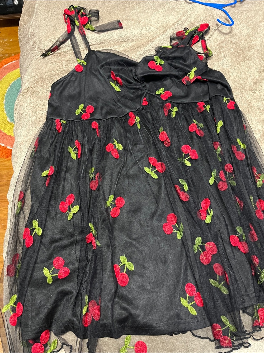 SHEIN Black Mini Dress with Red Cherry Embroidery